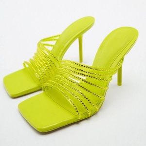 New Zara Rhinestone Vinyl High Heel Neon Yellow Sandals NWT 3804/010 Size 11